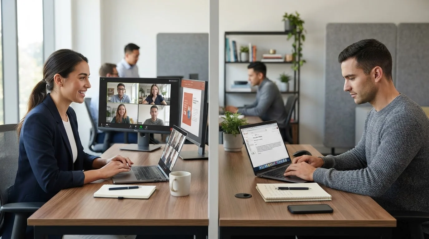 Split scene comparing a video call meeting with someone writing an async message on a laptop