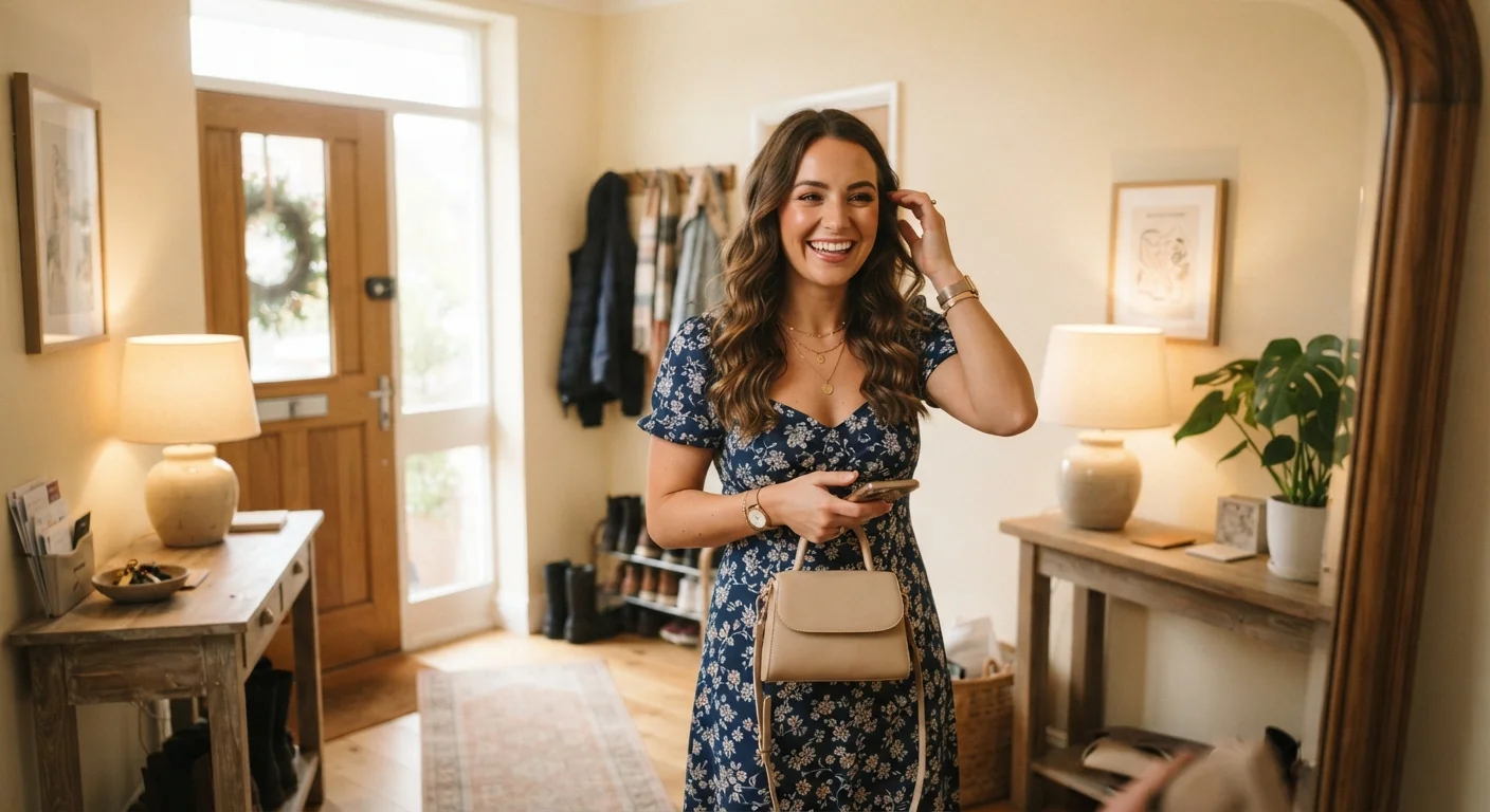 A person smiling while checking their appearance in a mirror before heading out on a first date