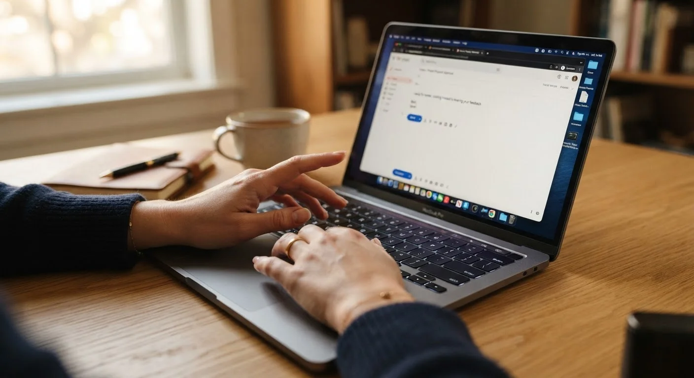 Person pausing thoughtfully before sending a professional email on a laptop