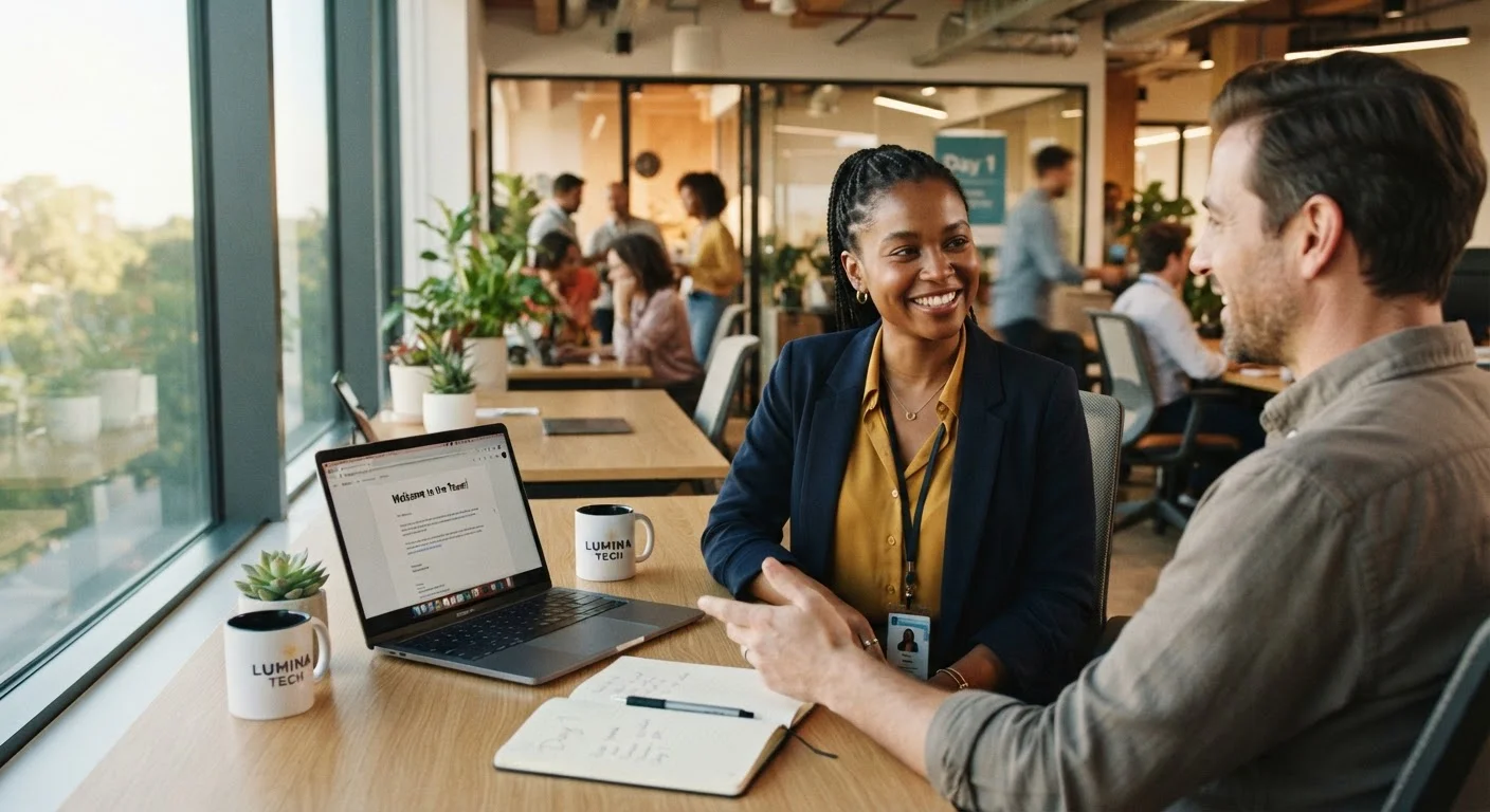 Young professional sitting confidently at a desk in a bright modern office on their first day