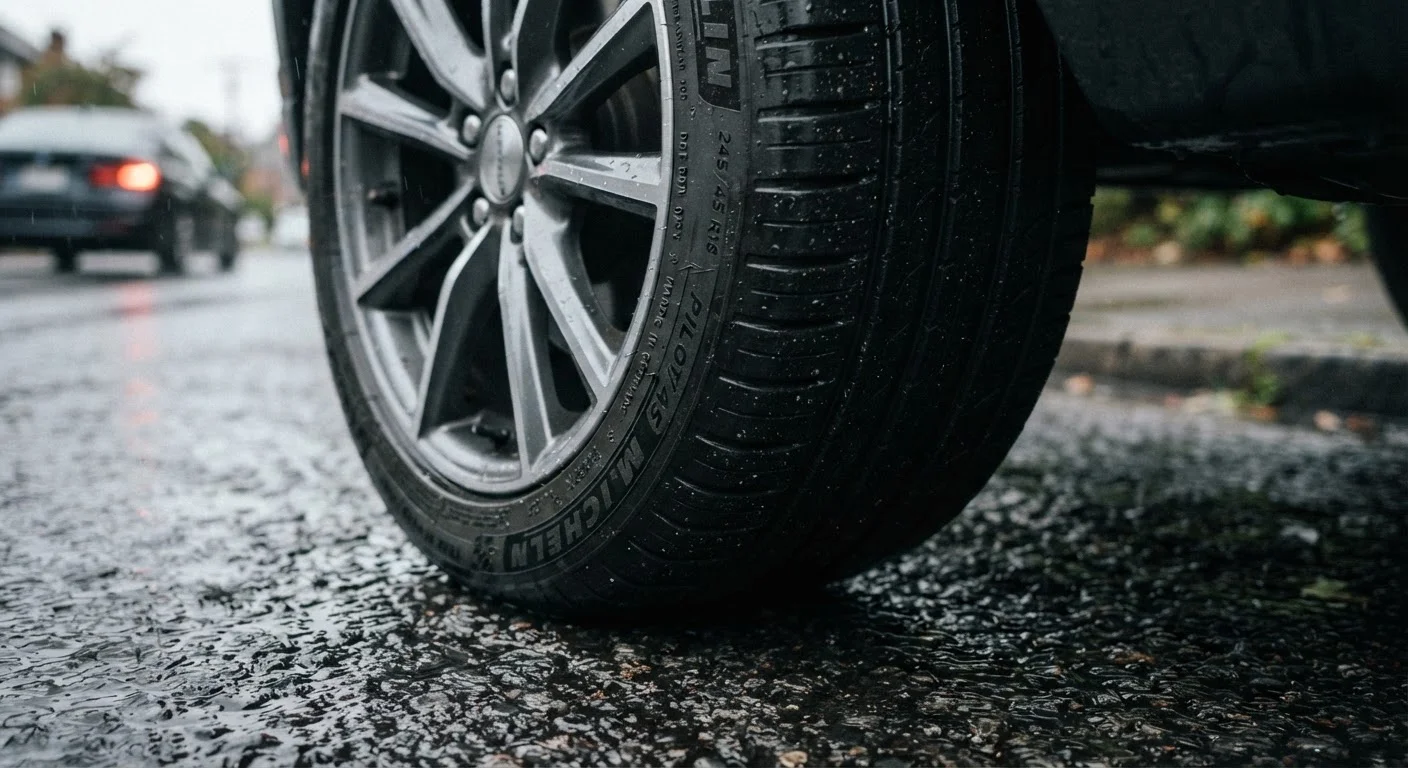 Close-up of a car tyre tread pattern on a wet road surface showing tread grooves