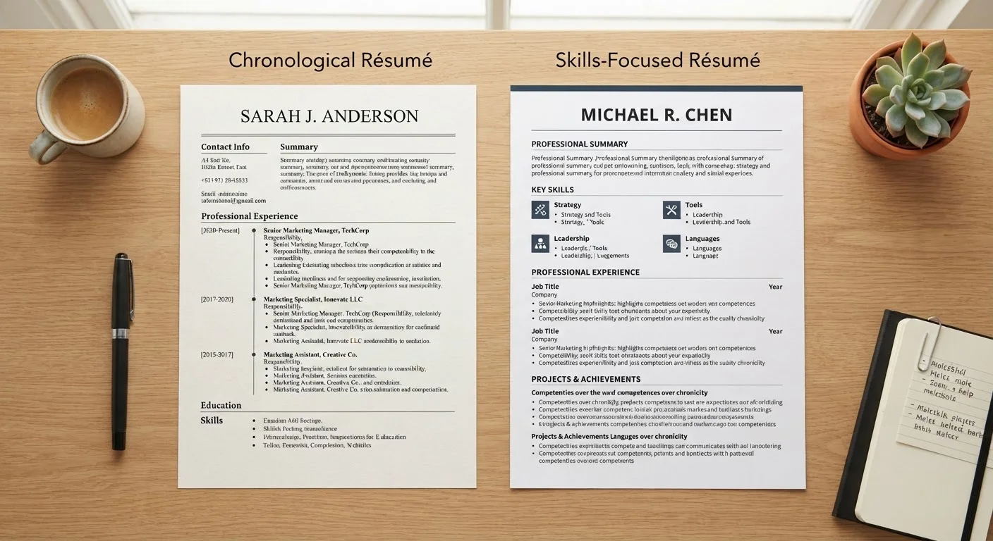 Two different résumé format layouts placed side by side on a desk