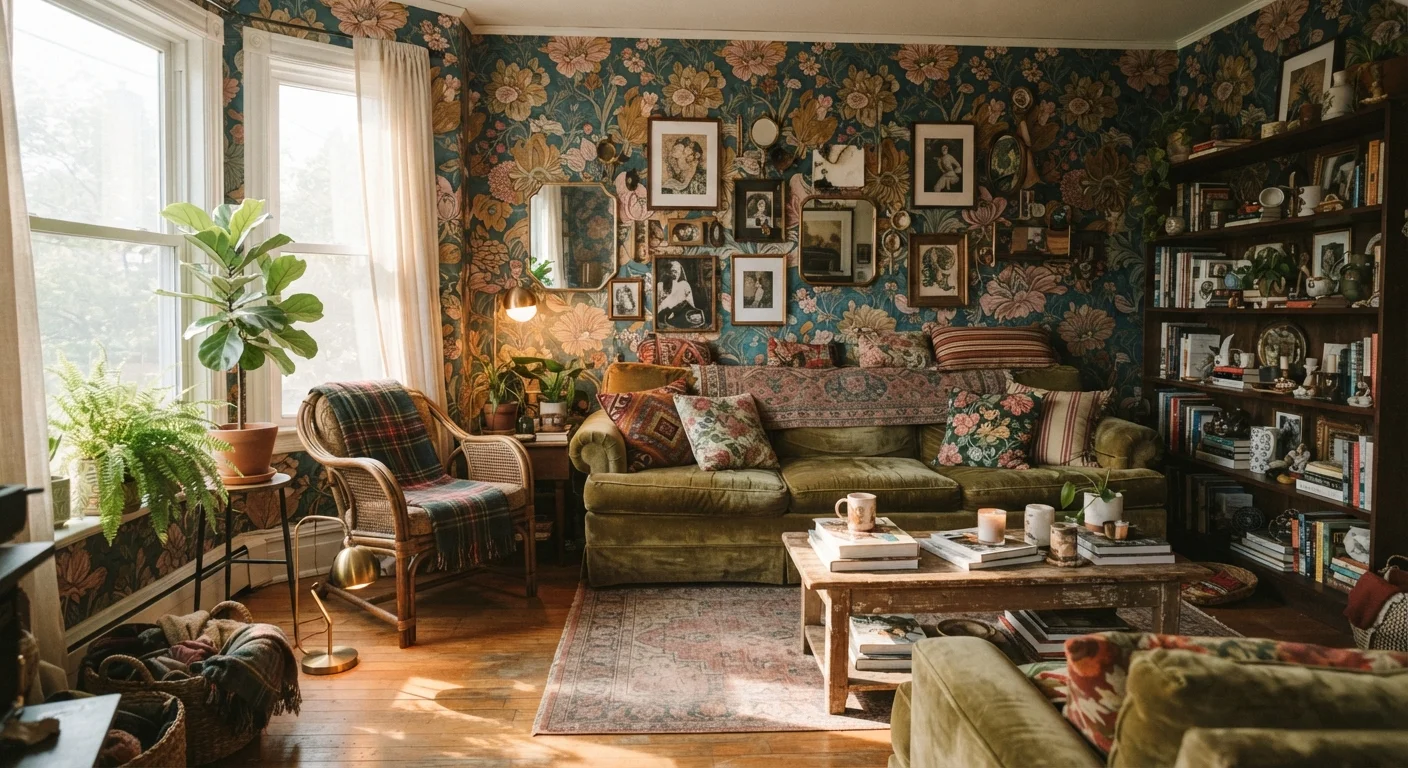 A living room with bold wallpaper, undersized rug, and furniture pushed against walls