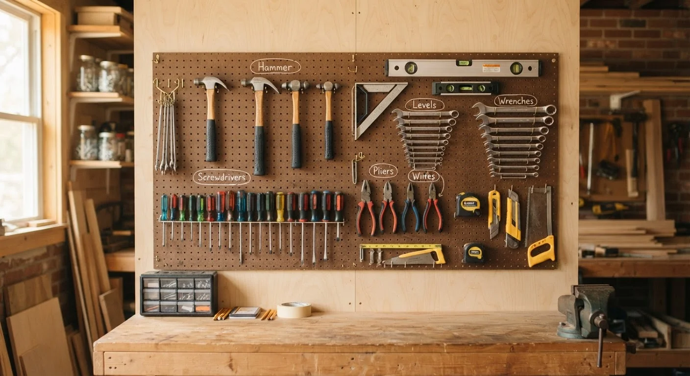 Neatly organized hand tools hanging on a pegboard in a home workshop