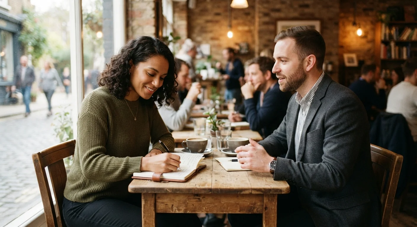 Two professionals having a relaxed but purposeful conversation at a café table