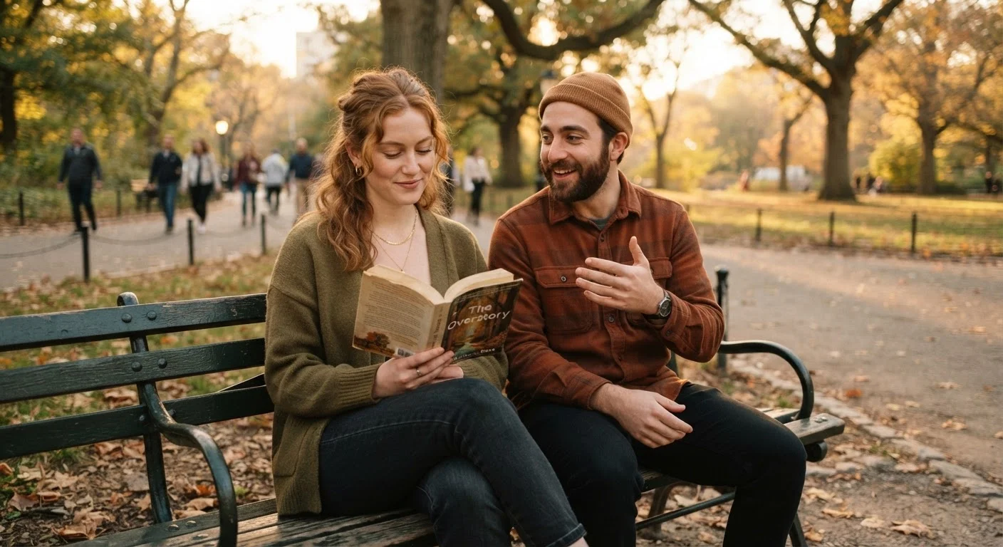 Two people with contrasting personalities sitting together comfortably on a park bench at sunset