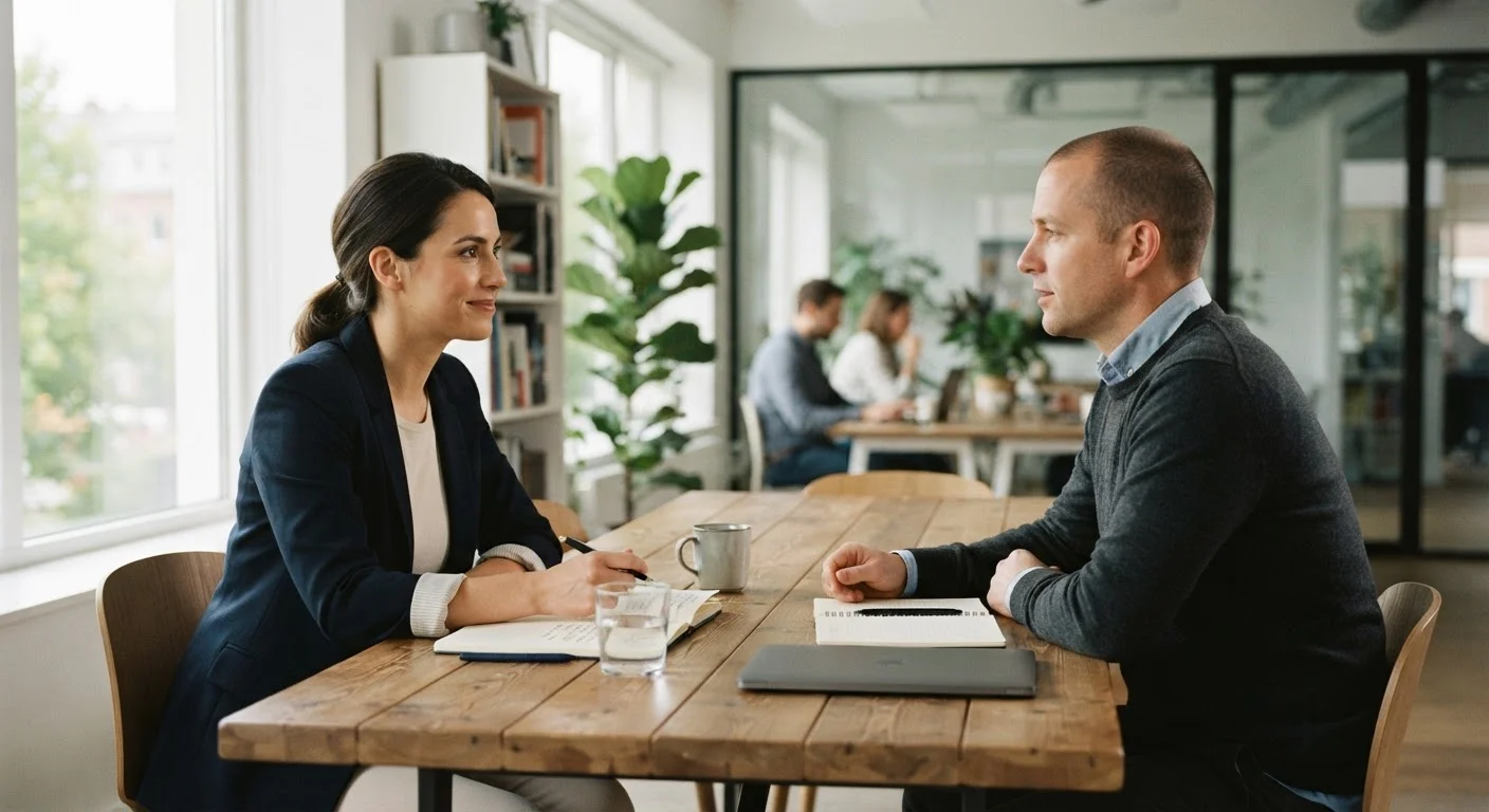 Two colleagues having a constructive, calm conversation at a workplace meeting table
