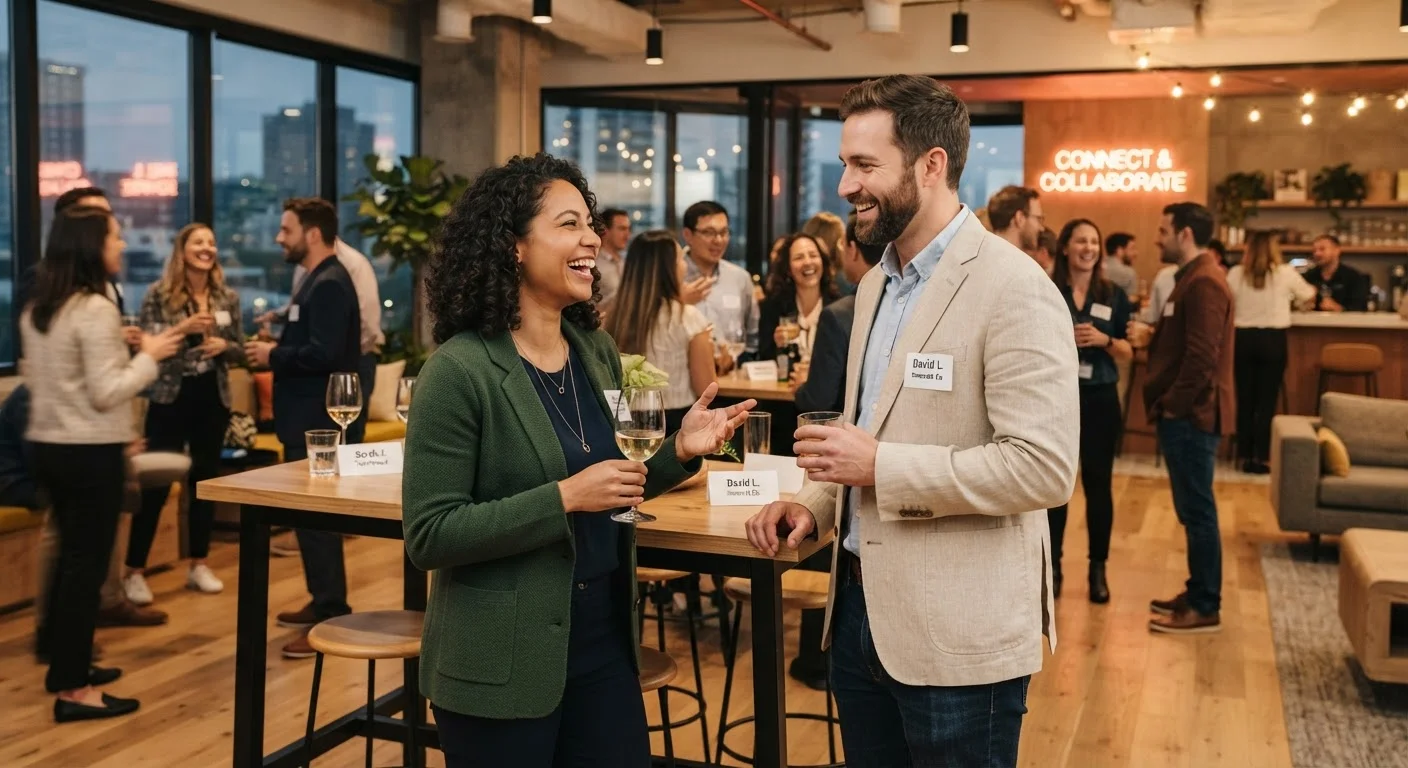 Two professionals having a relaxed conversation at a casual networking event in a modern office setting