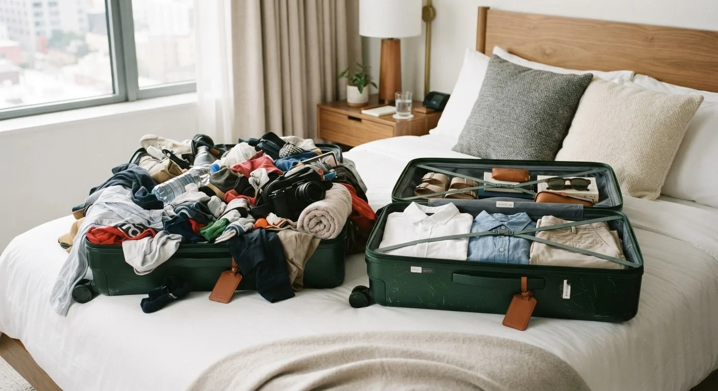 Two suitcases on a hotel bed, one overpacked and one minimally packed, showing packing contrast