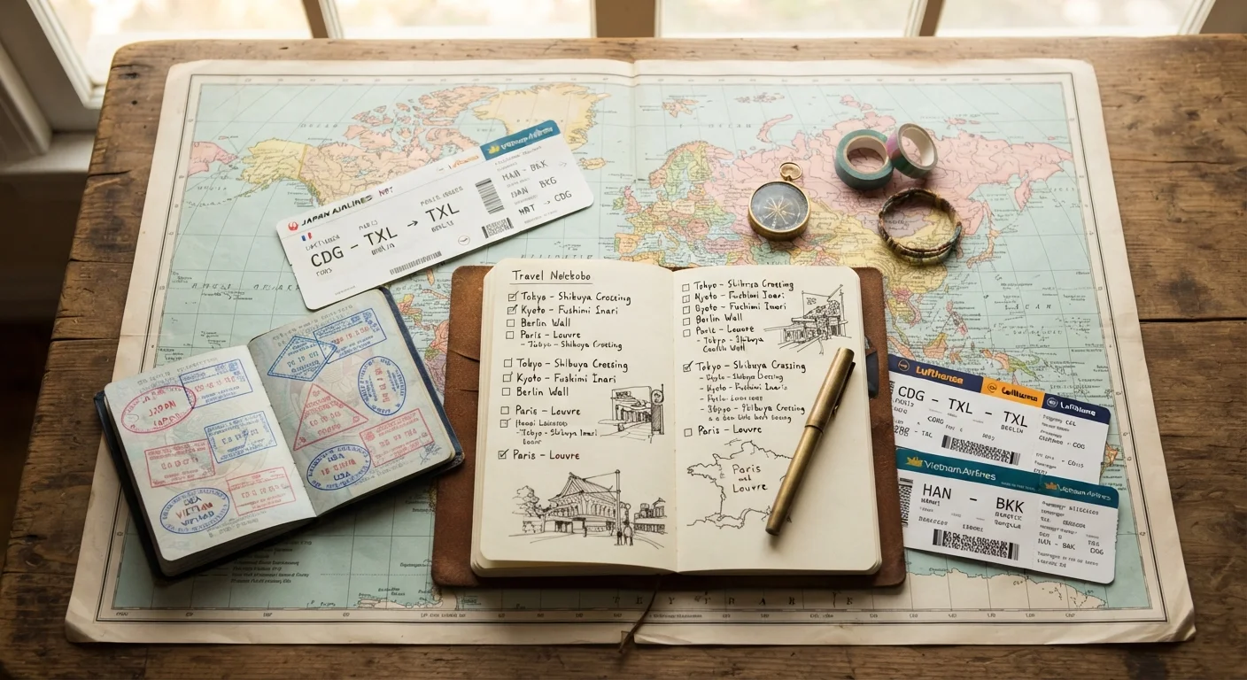 World map with boarding passes, passport stamps, and travel itinerary notebook arranged neatly