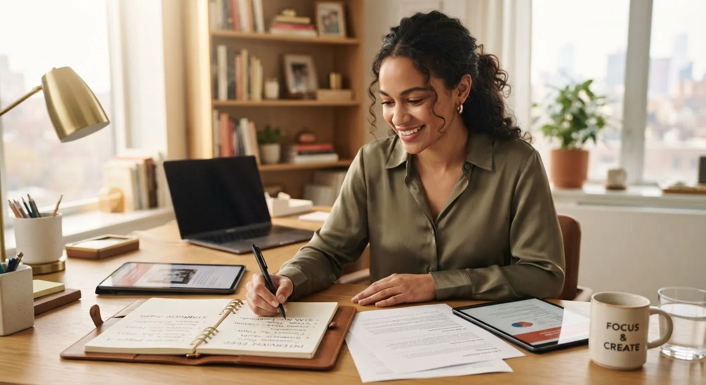 Person at a tidy desk reviewing notes and documents in preparation for a job interview