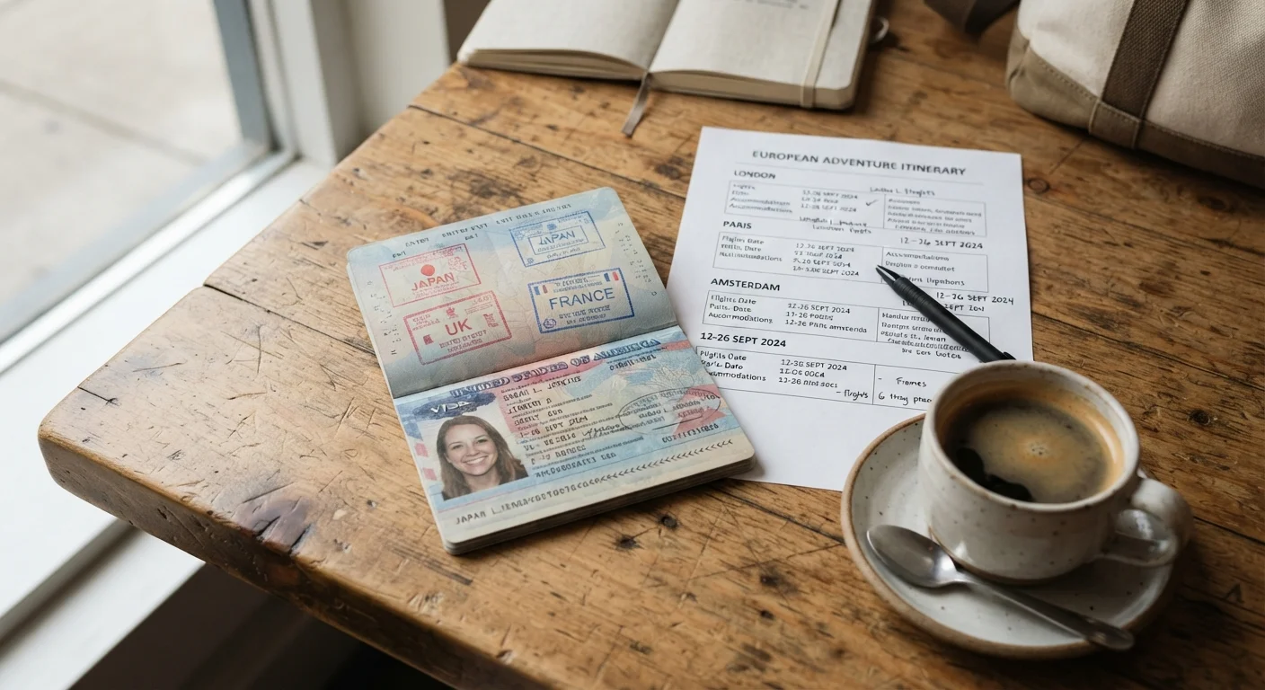 Open passport on a desk beside printed travel documents and a coffee cup