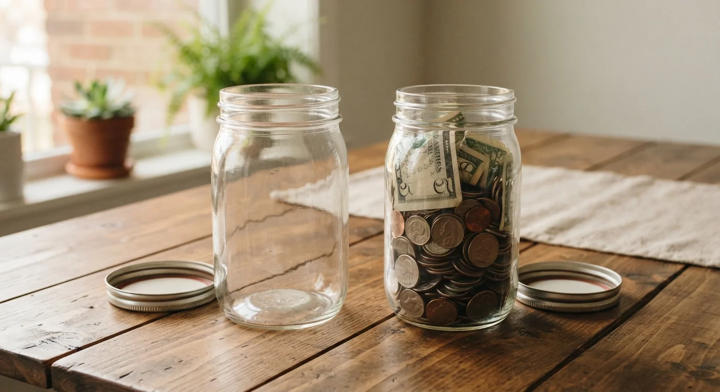Two glass jars on a table, one empty and one filled with coins, representing saving versus not saving