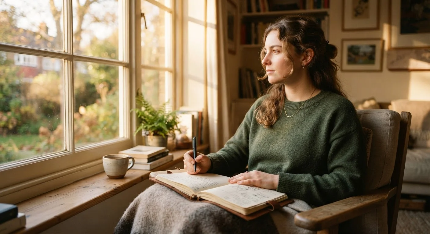 A person journaling by a sunlit window in a quiet, reflective moment