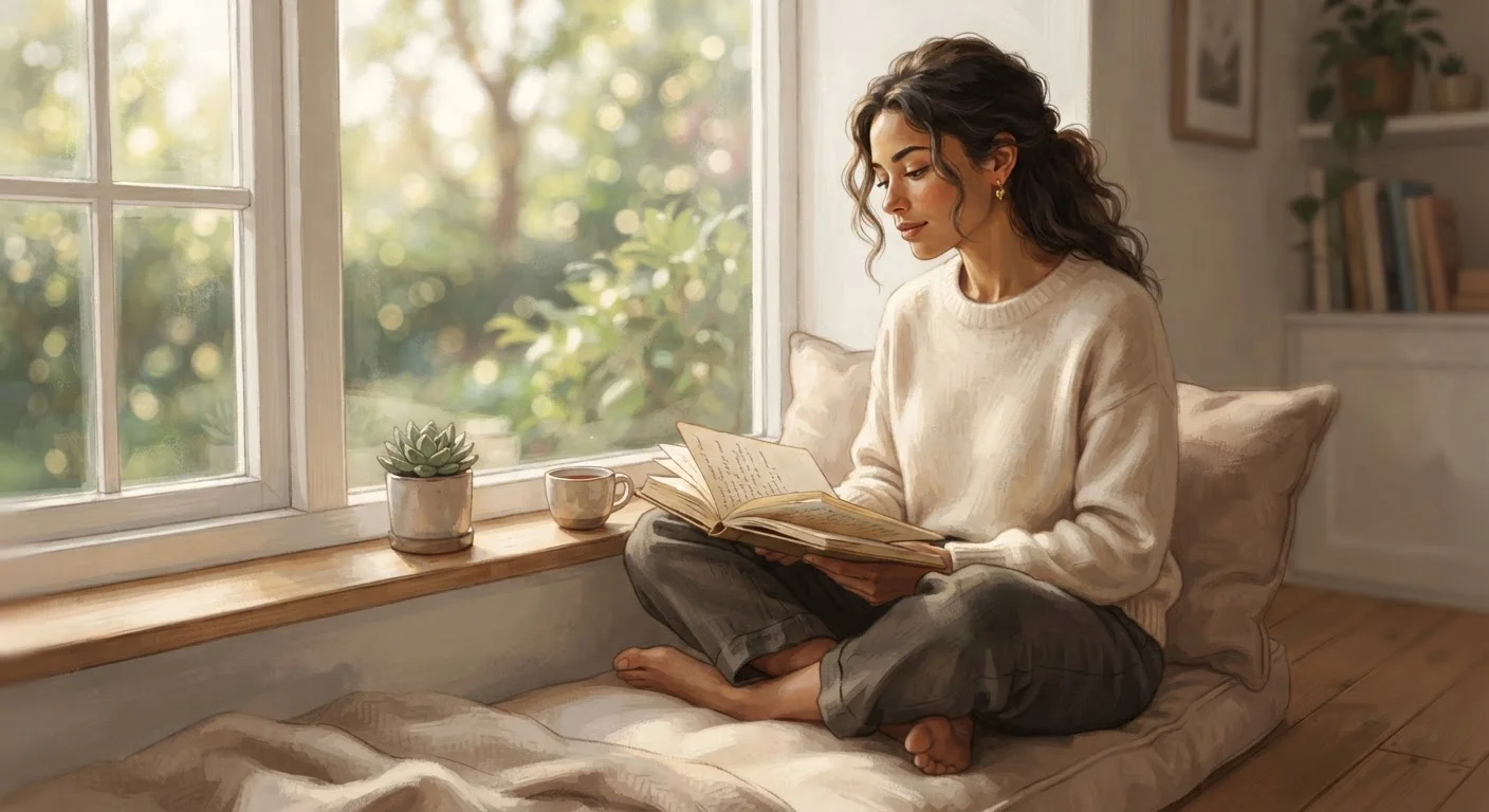 A person sitting peacefully by a window journaling, representing self-reflection and boundary-setting