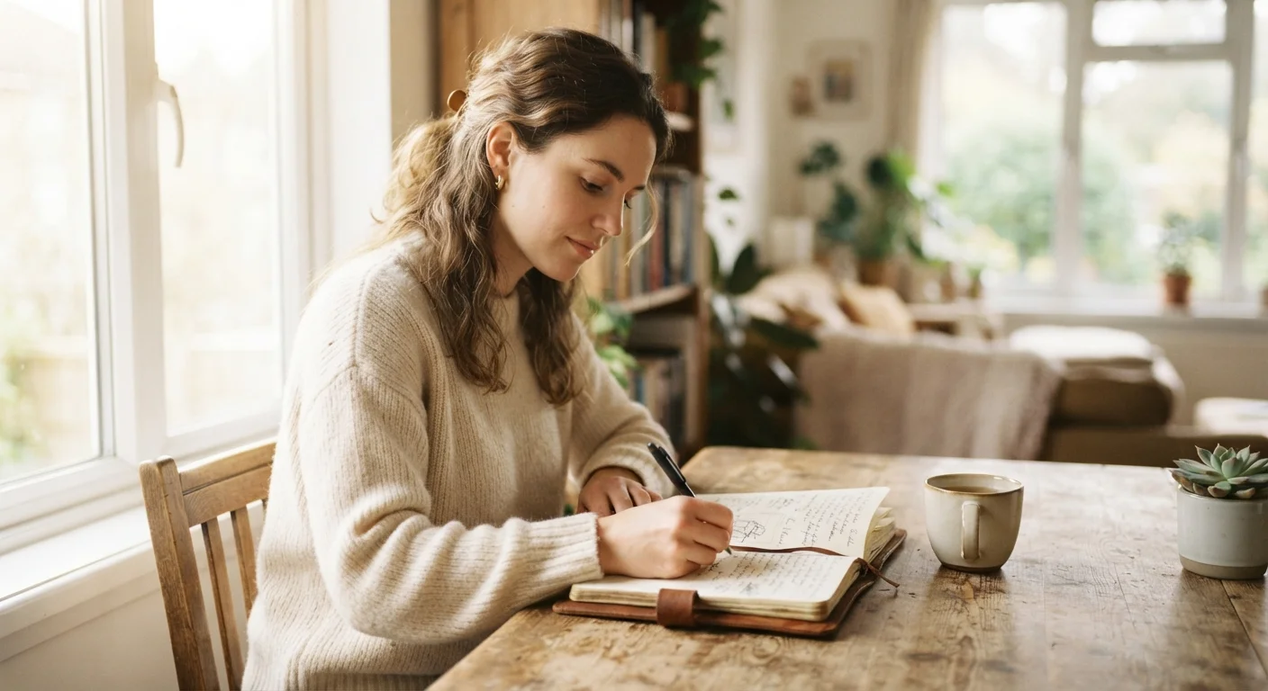 Person writing in a journal at a sunlit table, reflecting on personal values and boundaries
