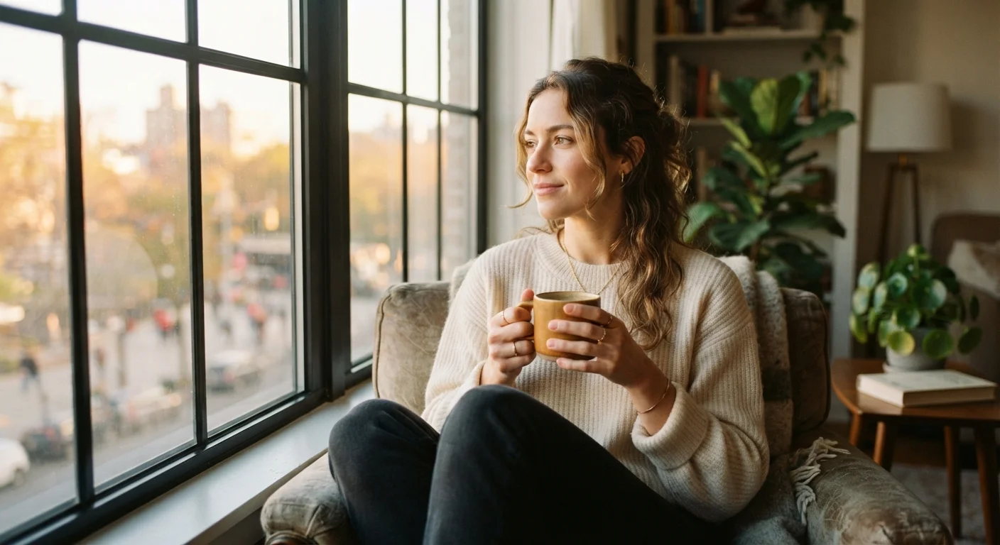 A person sitting alone by a sunlit window, looking calm and reflective with a warm drink
