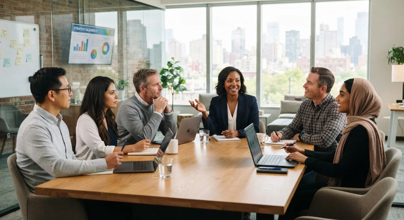 Diverse team of professionals in a meeting, one person speaking confidently at a conference table