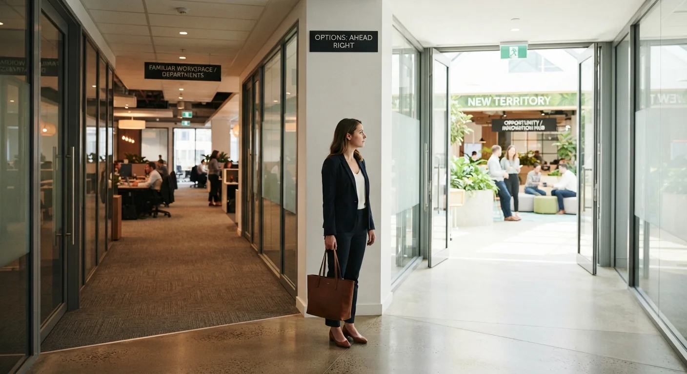 Professional standing at a crossroads inside an office building, representing a career decision between staying or switching fields