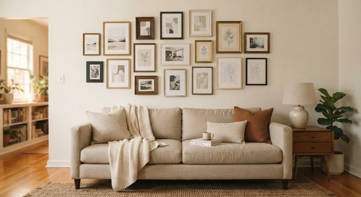 A well-composed gallery wall with mixed-size frames hung above a light linen sofa.