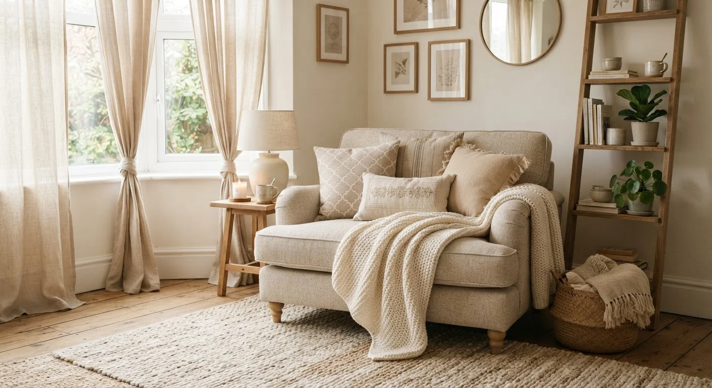 Living room corner with layered throws, cushions, curtains, and a woven rug in warm neutrals