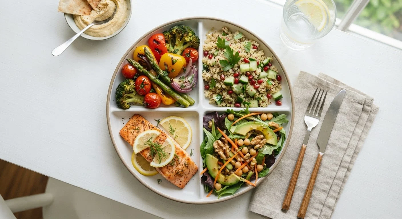 A balanced dinner plate divided into portions of vegetables, grains, and protein on a white table