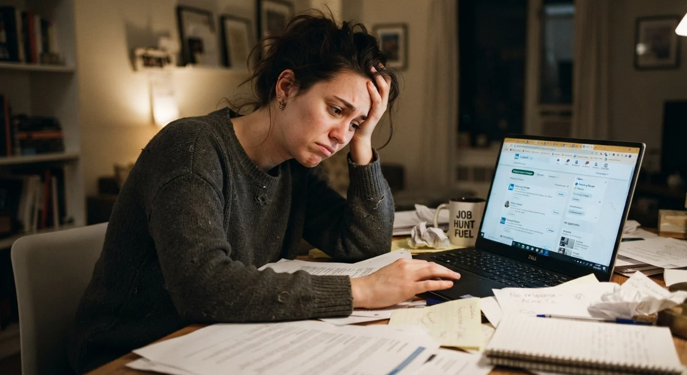 Job seeker sitting at a desk surrounded by resumes and a laptop showing a job board website