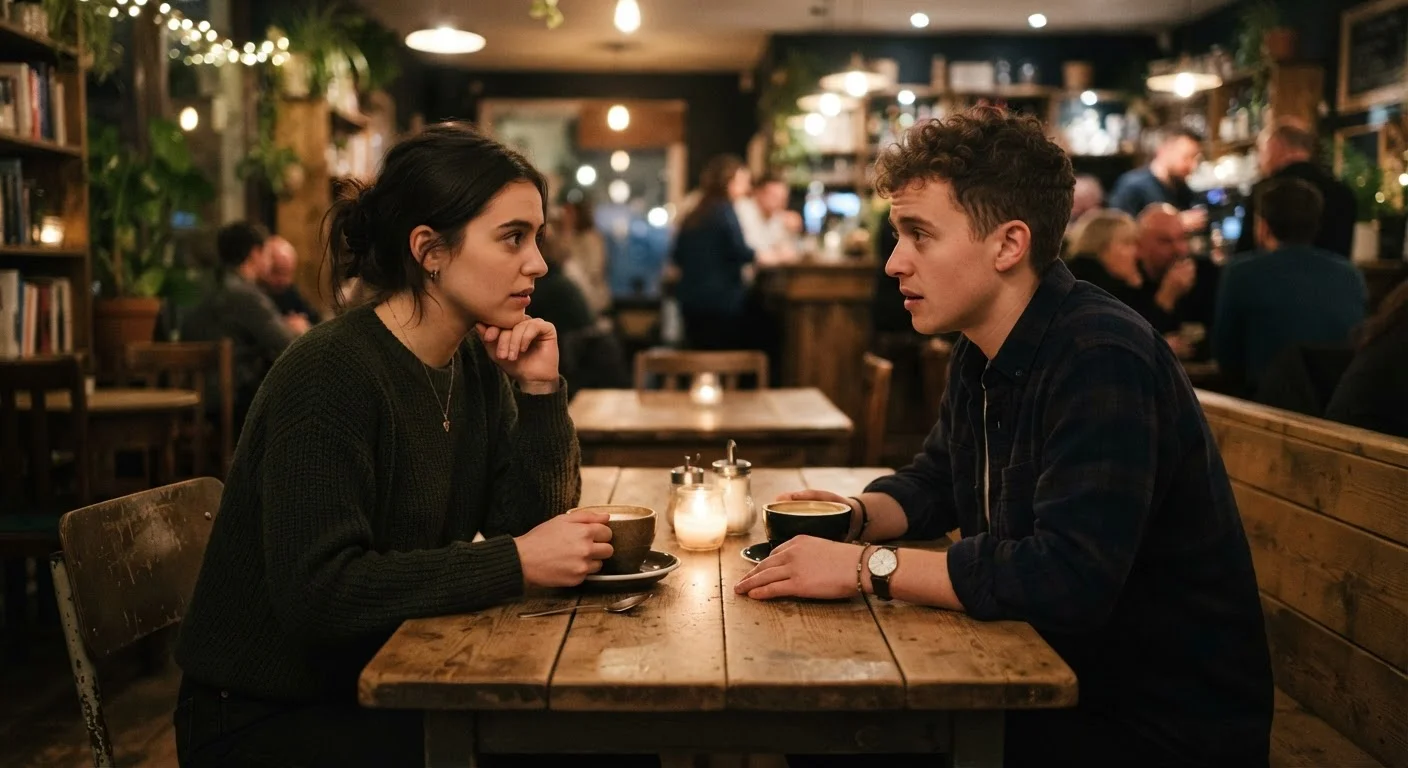Two people on a first date at a cafe, looking nervous but engaged in conversation