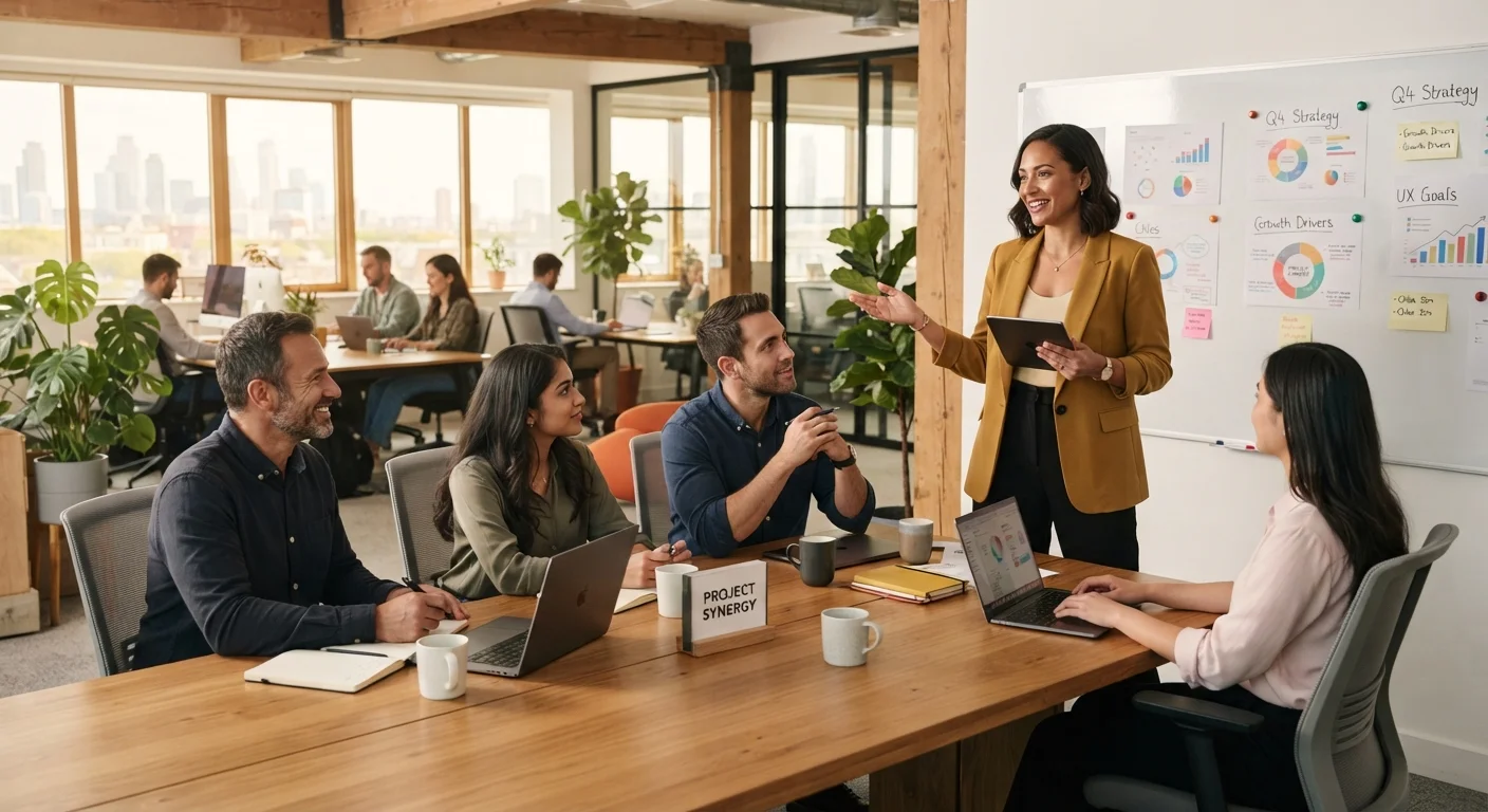 A professional presenting ideas to colleagues around a conference table in a bright office