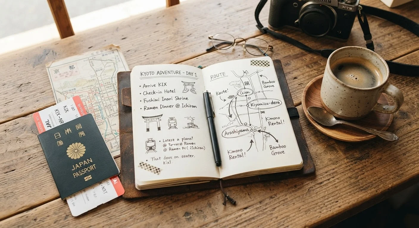Open travel journal with itinerary notes, a map, and passport on a wooden table