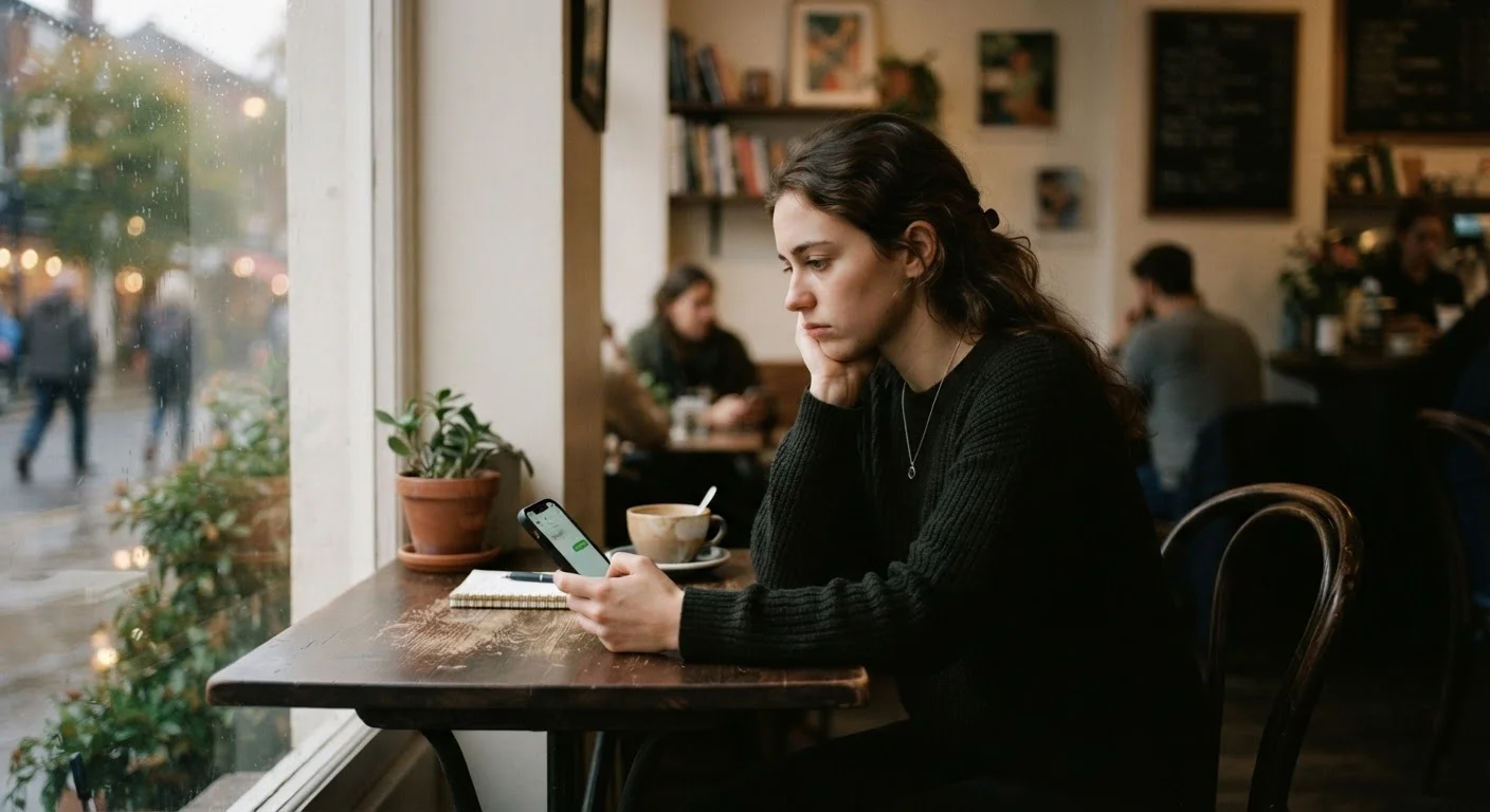 Person sitting alone at a cafe looking at an unanswered message on their phone
