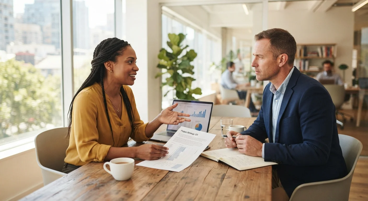 Two colleagues in a professional office setting engaged in a focused, respectful feedback conversation