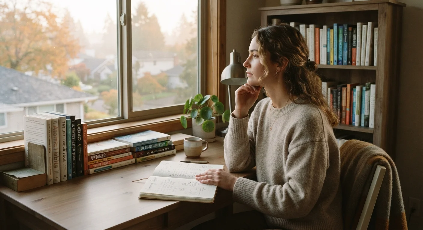 Person sitting alone at a desk with self-help books, looking thoughtfully out a window