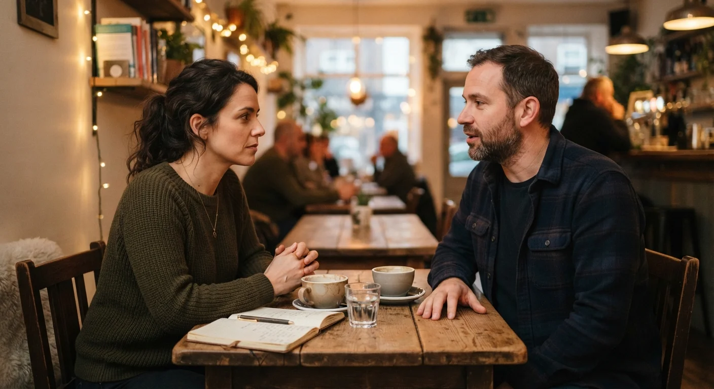 Two people having a calm, earnest conversation across a table in a warm indoor setting