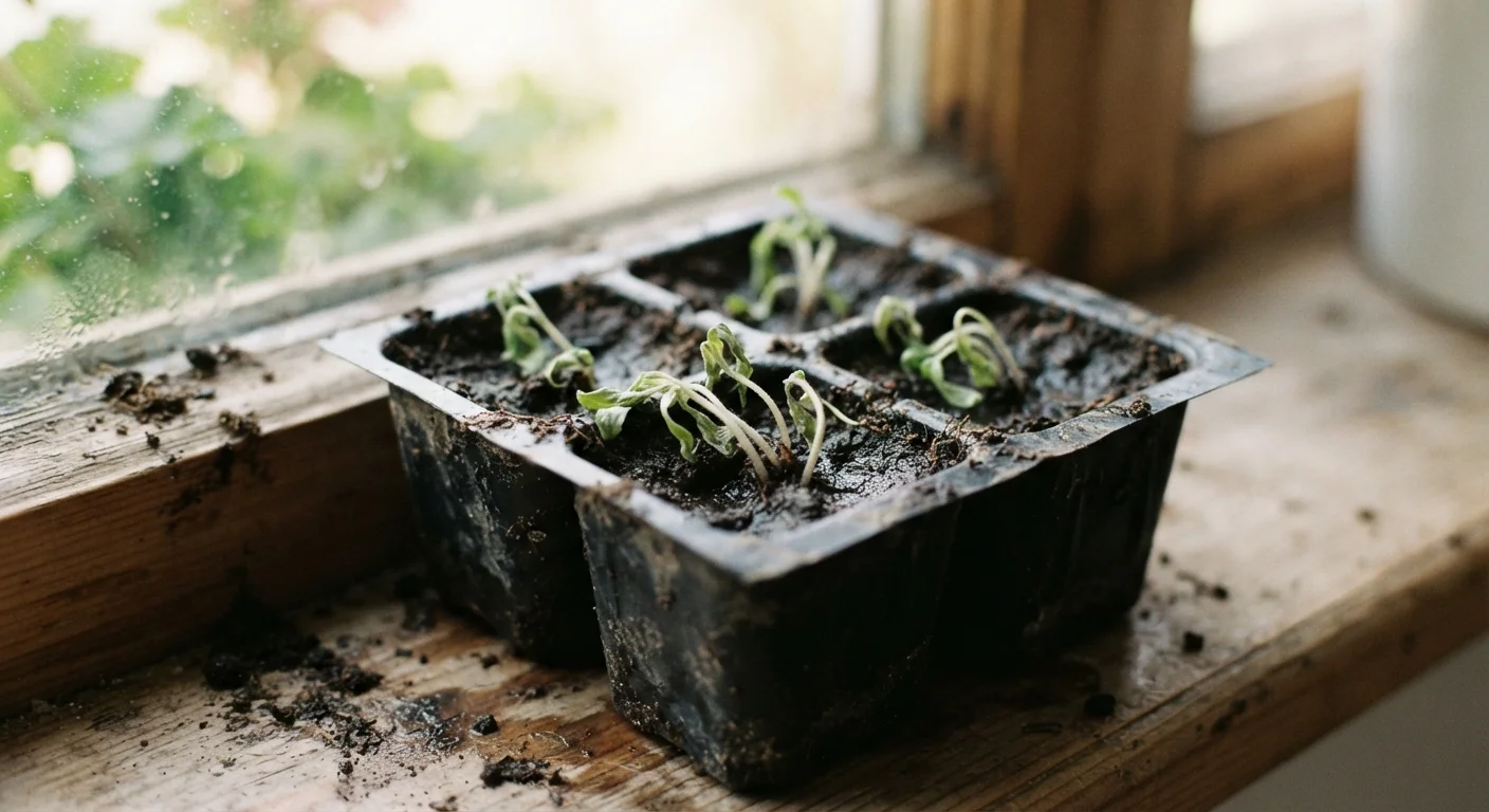 Tiny seedlings wilting and collapsing in a seed tray filled with dark, moist soil