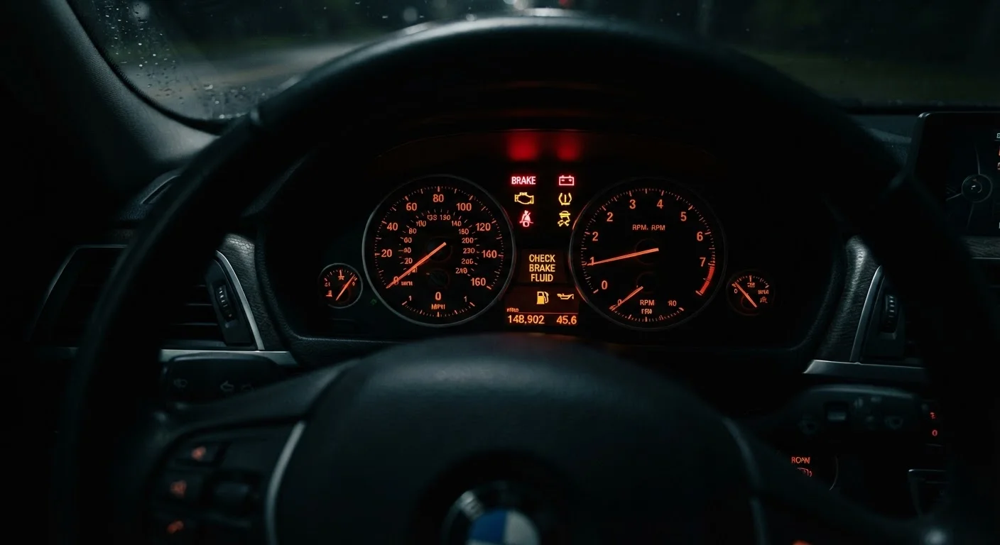 Car dashboard with multiple warning lights illuminated in amber and red at night