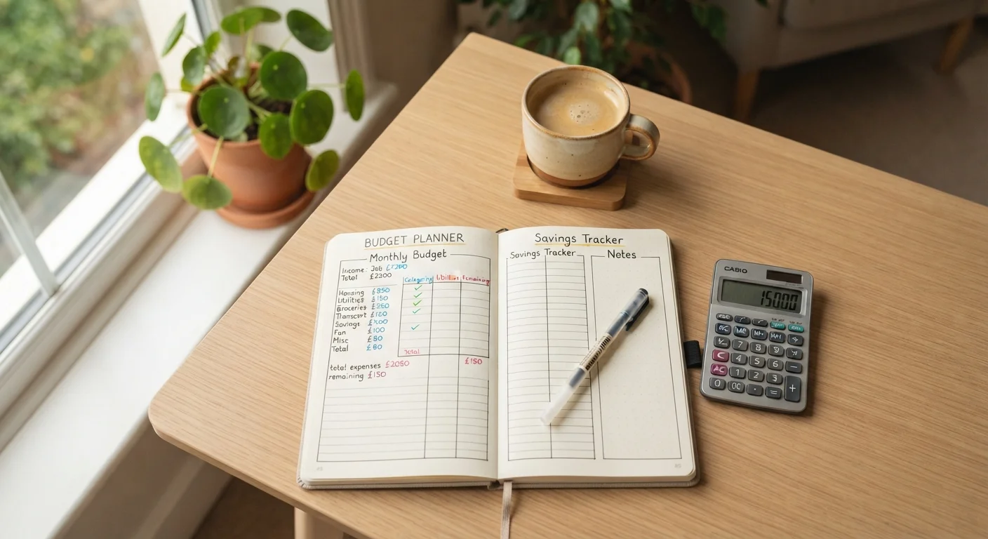 A notebook with a hand-drawn budget grid, pen, and calculator on a clean desk
