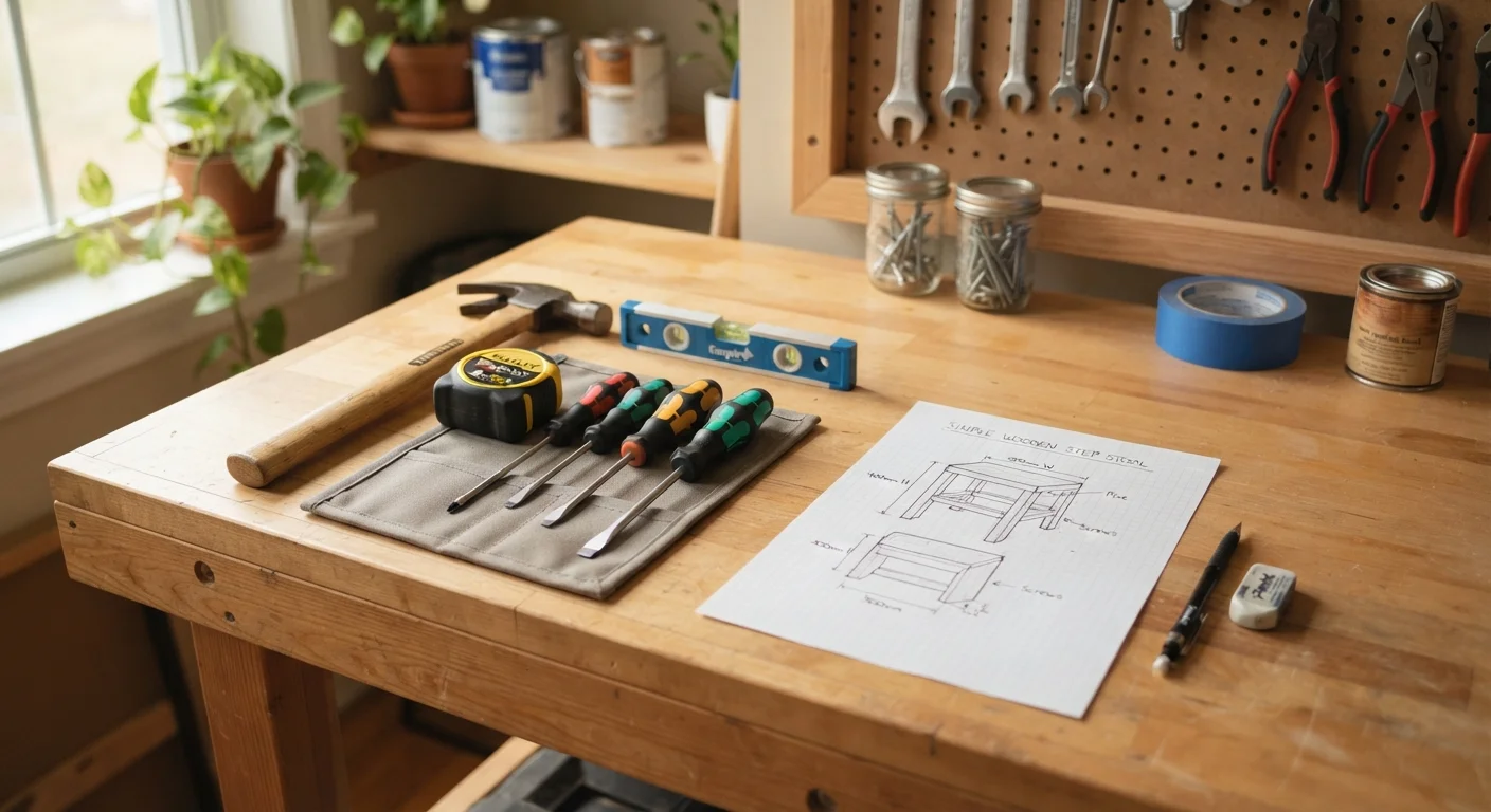 Beginner home improvement tools arranged neatly on a workbench next to a project planning sketch
